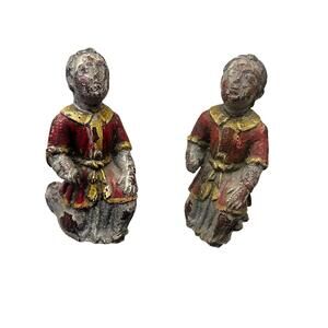 Set Of 2 Antique Chinese Polychrome Hand Painted & Carved Wood Figure Religious